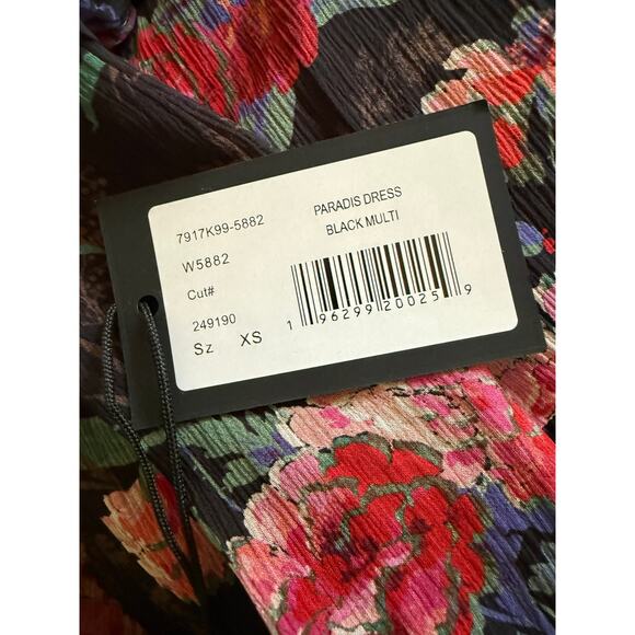 Paige 100% Silk Floral Midi Dress Black Ruffle Sleeve Smocked Waist Boho NWT  XS - Picture 8 of 11